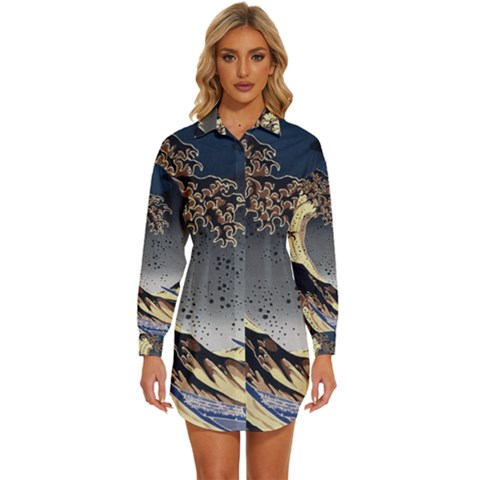 The Great Wave Off Kanagawa Japanese Waves Womens Long Sleeve Shirt Dress by Vaneshop