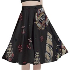 Vintage Tattoos Nautical A-line Full Circle Midi Skirt With Pocket by Vaneshop