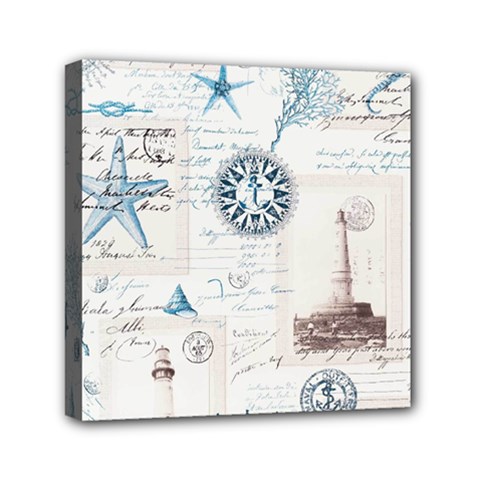 Nautical Lighthouse Vintage Postcard French Writing Mini Canvas 6  X 6  (stretched) by Vaneshop