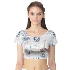 Nautical Lighthouse Vintage Postcard French Writing Short Sleeve Crop Top by Vaneshop