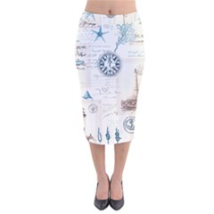 Nautical Lighthouse Vintage Postcard French Writing Velvet Midi Pencil Skirt by Vaneshop