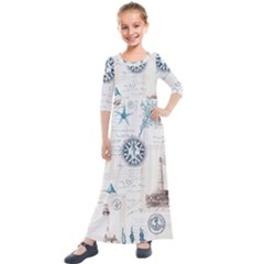 Nautical Lighthouse Vintage Postcard French Writing Kids  Quarter Sleeve Maxi Dress by Vaneshop