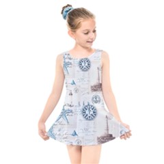 Nautical Lighthouse Vintage Postcard French Writing Kids  Skater Dress Swimsuit by Vaneshop