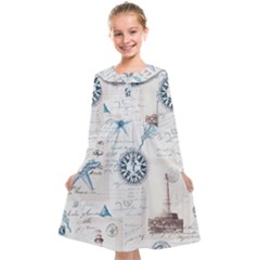 Nautical Lighthouse Vintage Postcard French Writing Kids  Midi Sailor Dress by Vaneshop