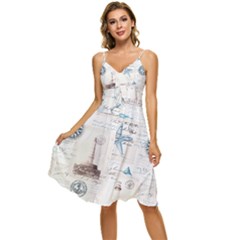 Nautical Lighthouse Vintage Postcard French Writing Sleeveless Tie Front Chiffon Dress