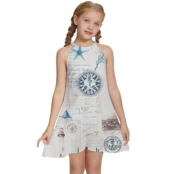 Nautical Lighthouse Vintage Postcard French Writing Kids  Halter Collar Waist Tie Chiffon Dress