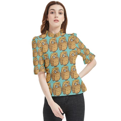 Owl Bird Pattern Frill Neck Blouse by Vaneshop