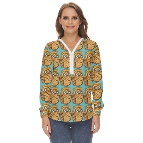 Owl Bird Pattern Zip Up Long Sleeve Blouse by Vaneshop