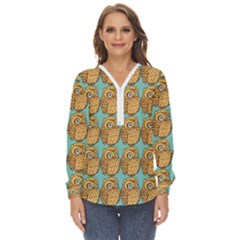 Owl Bird Pattern Zip Up Long Sleeve Blouse