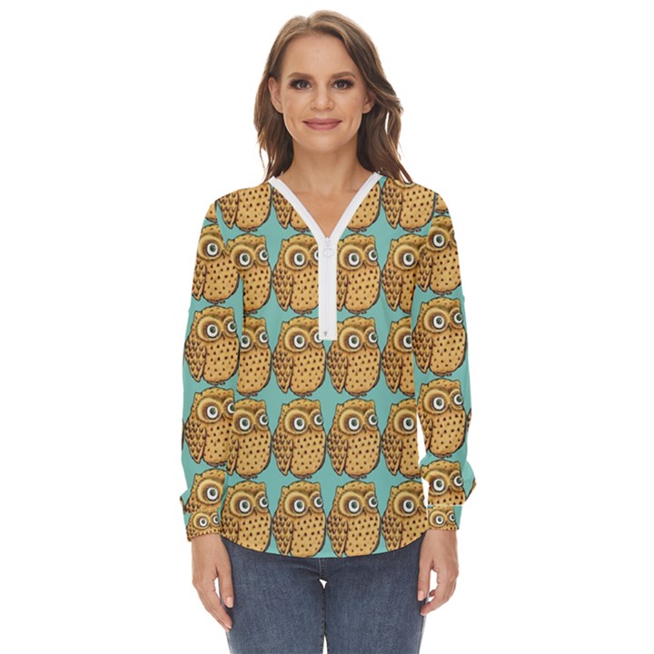 Owl Bird Pattern Zip Up Long Sleeve Blouse