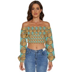 Owl Bird Pattern Long Sleeve Crinkled Weave Crop Top by Vaneshop