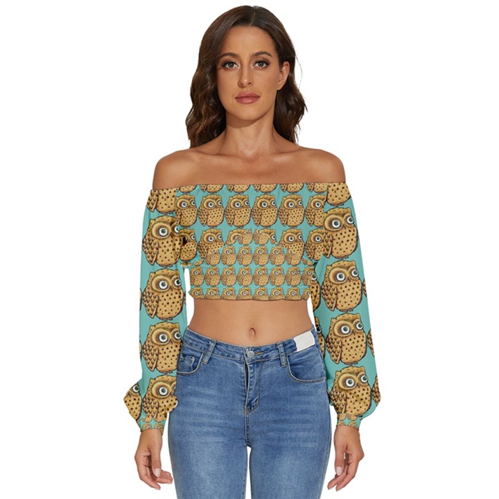 Owl Bird Pattern Long Sleeve Crinkled Weave Crop Top