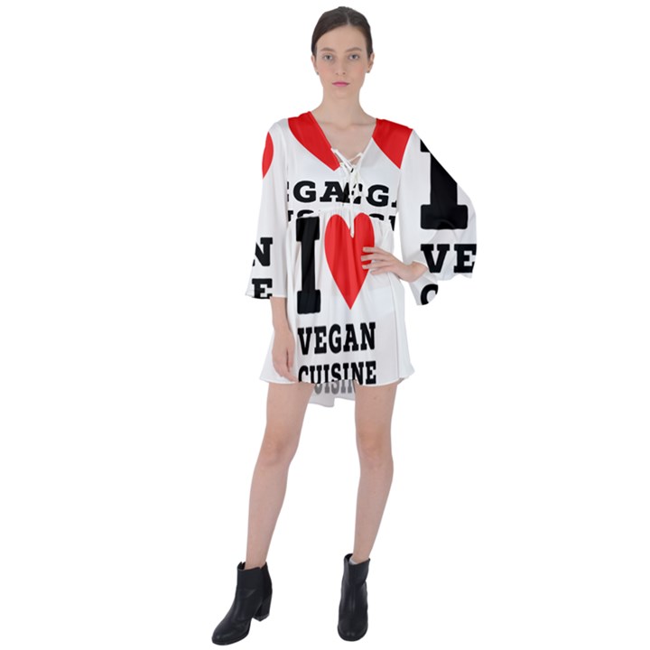 I love vegan cuisine V-Neck Flare Sleeve Mini Dress