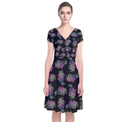 Midnight Noir Garden Chic Pattern Short Sleeve Front Wrap Dress by dflcprintsclothing