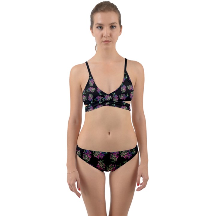 Midnight Noir Garden Chic Pattern Wrap Around Bikini Set