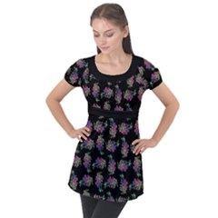 Midnight Noir Garden Chic Pattern Puff Sleeve Tunic Top