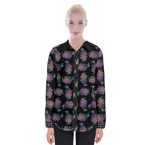 Midnight Noir Garden Chic Pattern Womens Long Sleeve Shirt by dflcprintsclothing