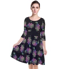 Midnight Noir Garden Chic Pattern Quarter Sleeve Waist Band Dress by dflcprintsclothing