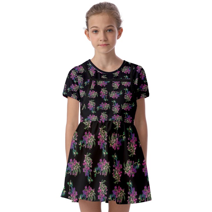 Midnight Noir Garden Chic Pattern Kids  Short Sleeve Pinafore Style Dress