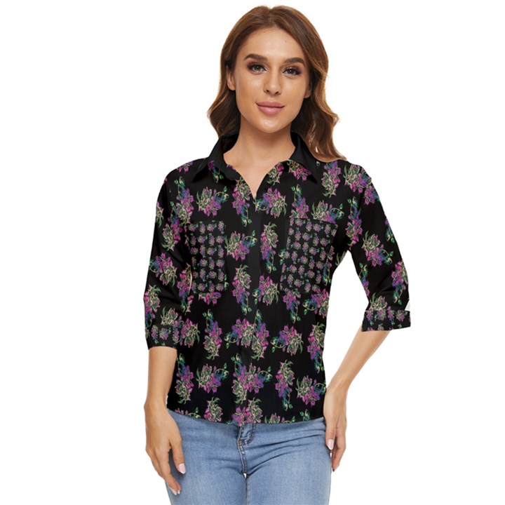 Midnight Noir Garden Chic Pattern Women s Quarter Sleeve Pocket Shirt