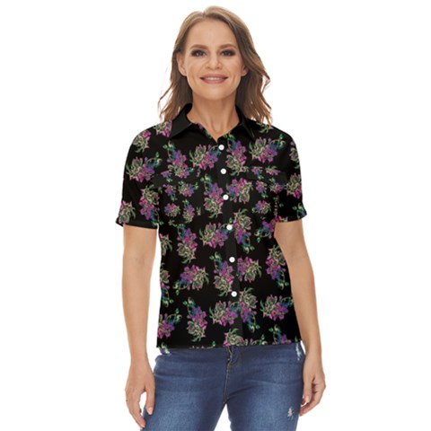 Midnight Noir Garden Chic Pattern Women s Short Sleeve Double Pocket Shirt by dflcprintsclothing