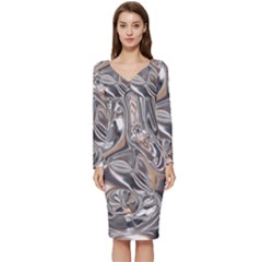 Shiny Abstract Long Sleeve V-neck Bodycon Dress 