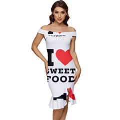 I Love Sweet Food Off Shoulder Ruffle Split Hem Bodycon Dress