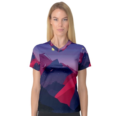 Abstract Landscape Sunrise Mountains Blue Sky V-neck Sport Mesh Tee by Grandong