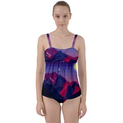 Abstract Landscape Sunrise Mountains Blue Sky Twist Front Tankini Set by Grandong