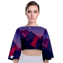 Abstract Landscape Sunrise Mountains Blue Sky Tie Back Butterfly Sleeve Chiffon Top by Grandong