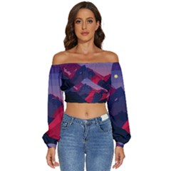 Abstract Landscape Sunrise Mountains Blue Sky Long Sleeve Crinkled Weave Crop Top