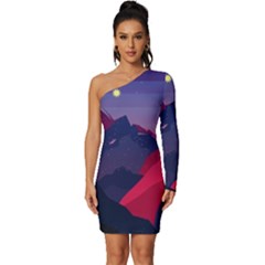 Abstract Landscape Sunrise Mountains Blue Sky Long Sleeve One Shoulder Mini Dress by Grandong