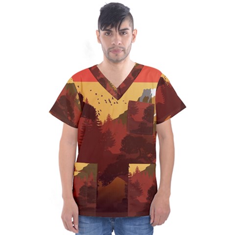 Japan Art Illustration Men s V-neck Scrub Top by Grandong