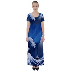 The Great Wave Off Kanagawa High Waist Short Sleeve Maxi Dress by Grandong