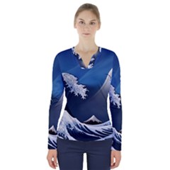 The Great Wave Off Kanagawa V-neck Long Sleeve Top by Grandong