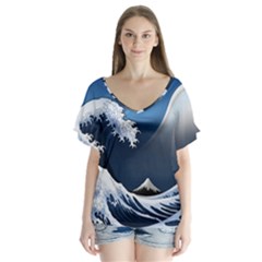 The Great Wave Off Kanagawa V-neck Flutter Sleeve Top by Grandong