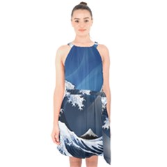 The Great Wave Off Kanagawa Halter Collar Waist Tie Chiffon Dress