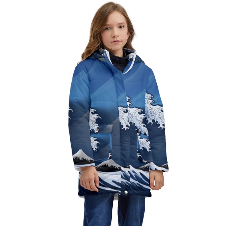 The Great Wave Off Kanagawa Kids  Hooded Longline Puffer Jacket