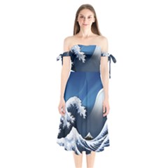 The Great Wave Off Kanagawa Shoulder Tie Bardot Midi Dress