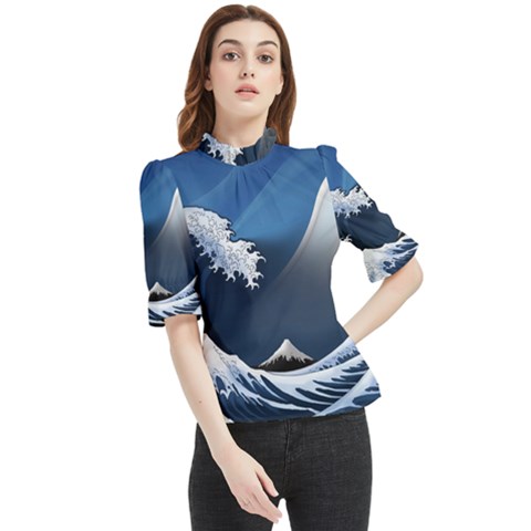 The Great Wave Off Kanagawa Frill Neck Blouse by Grandong