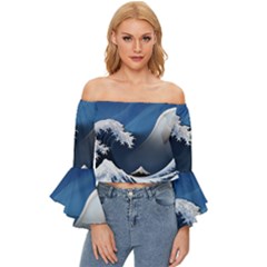 The Great Wave Off Kanagawa Off Shoulder Flutter Bell Sleeve Top