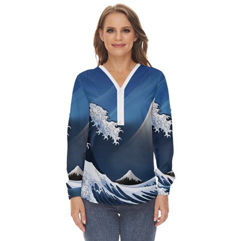 The Great Wave Off Kanagawa Zip Up Long Sleeve Blouse by Grandong