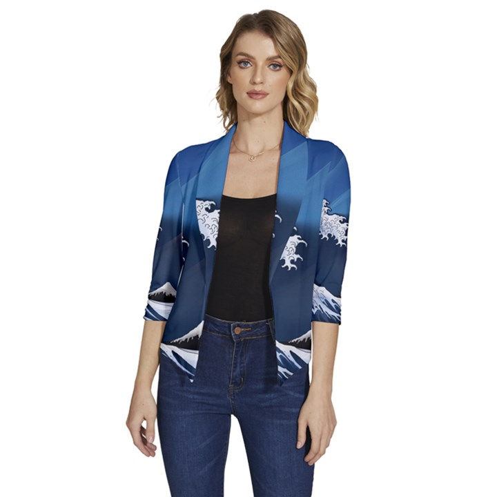 The Great Wave Off Kanagawa Women s Draped Front 3/4 Sleeve Shawl Collar Jacket