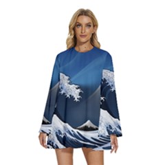 The Great Wave Off Kanagawa Round Neck Long Sleeve Bohemian Style Chiffon Mini Dress