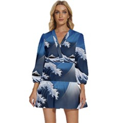 The Great Wave Off Kanagawa V-neck Placket Mini Dress