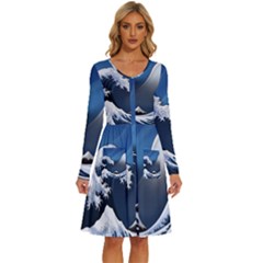 The Great Wave Off Kanagawa Long Sleeve Dress With Pocket