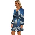 The Great Wave Off Kanagawa Long Sleeve Waist Tie Ruffle Velvet Dress View2