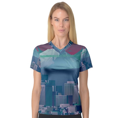 The Sun City Tokyo Japan Volcano Kyscrapers Building V-neck Sport Mesh Tee by Grandong