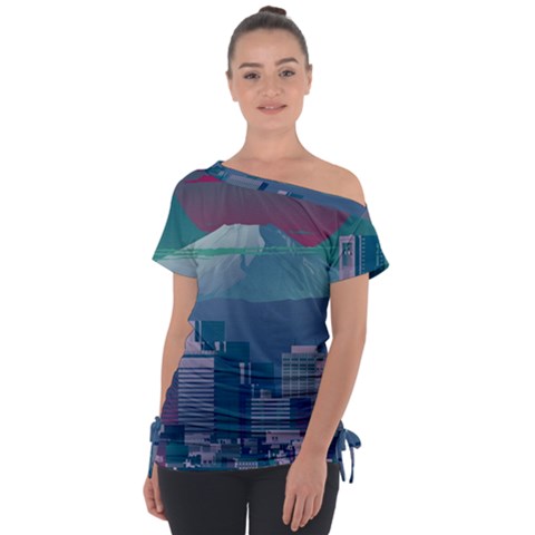 The Sun City Tokyo Japan Volcano Kyscrapers Building Off Shoulder Tie-up Tee by Grandong