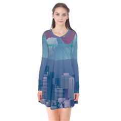 The Sun City Tokyo Japan Volcano Kyscrapers Building Long Sleeve V-neck Flare Dress